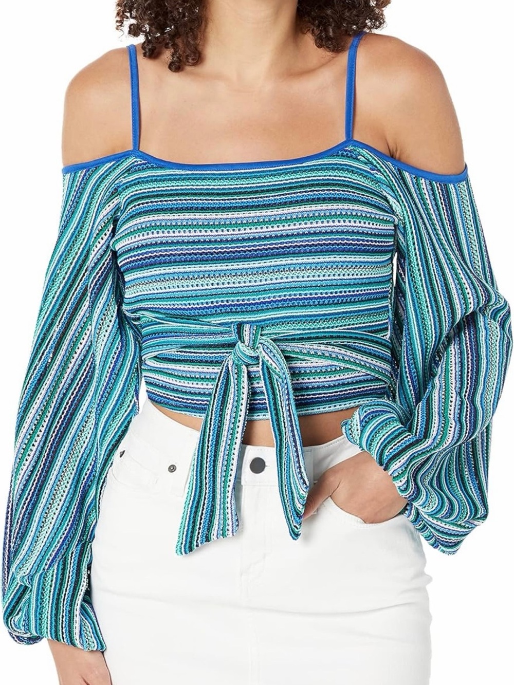 Ramy Brook Blue & Teal Striped Cold-Shoulder Tie-Front Crop Top